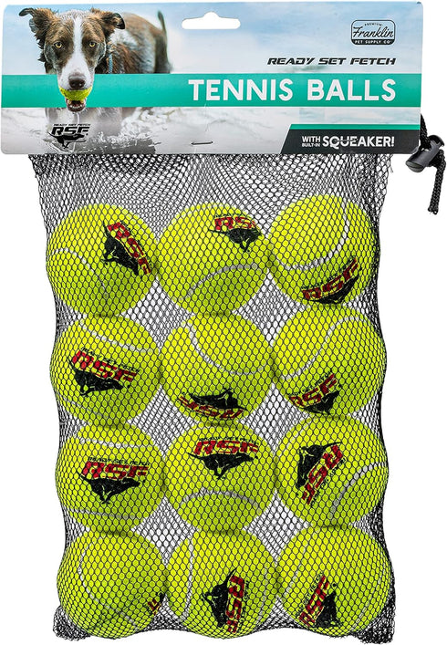 Franklin Pet Supply RSF Squeak Tennis Balls - 12 Pack Dog Toy for Small, Medium, Large Dogs, Squeaker Noise