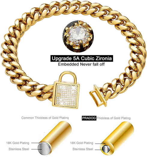 Gold Dog Collar with Zirconia Buckle, Cuban Link Chain Bling Collar for Small Medium Large Dogs