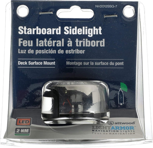 NV2012SSG-7 2-Mile Attwood LightArmor Navigation Deck Mount Sidelight, Green LED Lighting, Round Stainless Housing