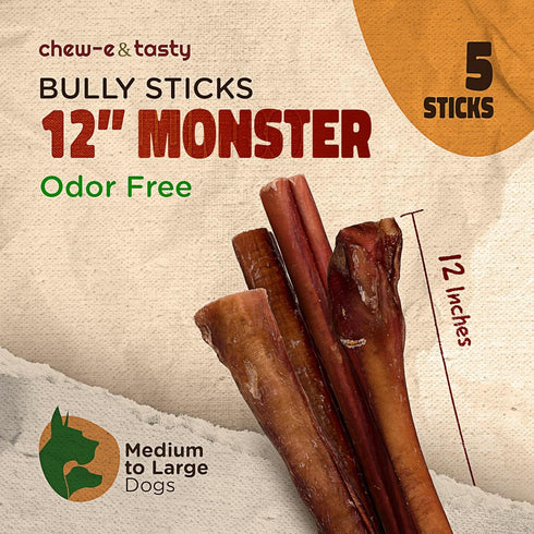 12" (Pack 5) 100% chew-e&tasty Monster Odor Free Bully Sticks of - Long Lasting Beef Chews - Beef Single Ingredient