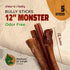 12" (Pack 5) 100% chew-e&tasty Monster Odor Free Bully Sticks of - Long Lasting Beef Chews - Beef Single Ingredient