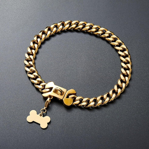 15mm Wide Strong Stainless Steel Bone Style Buckle Gold Dog Chain Collar - 18K Gold Plated Cuban Link for Medium Large