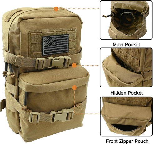 Tactical Mini Molle Hydration Pack, Water Resistant Hydropack with US Flag for Tactical Vest Backpack