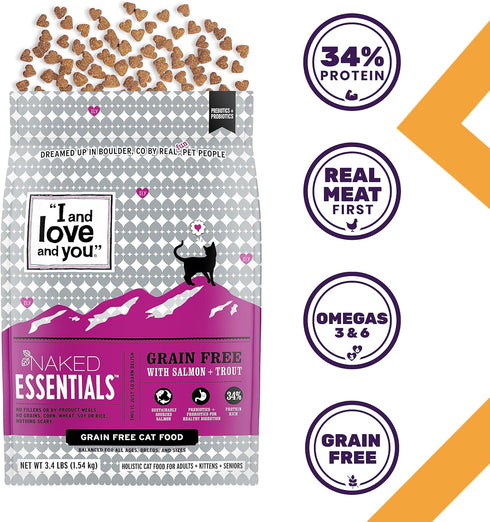 I and Love and You Naked Essentials Dry Cat Food - Salmon + Trout, Grain Free, Real Meat, 3.4lb Bag
