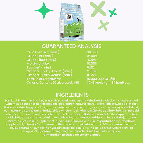 I and love and you Naked Essentials Dry Dog Food, Lamb + Bison, High Protein, Real Meat, No Fillers, Prebiotics +