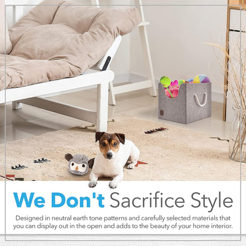 Dog Toy Box, Foldable Cube Storage Bin with Cutout Window, Stylish Earth Tone Design, 12x12x11.25 inch