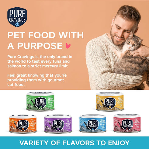 100% Pack 12 Pure Cravings Wet Cat Food Canned Salmon Cutlets in Gravy, Mercury-Tested, Moist Can Fish for Cats