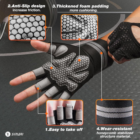 SIMARI Breathable Workout Gloves for Men Women, Padded Weight Lifting Gloves with Wrist Wraps Support, Full Palm