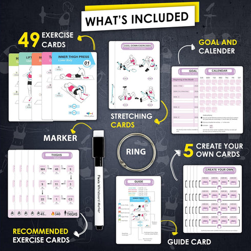 Pilates Ring Workout Cards, 58 Exercise Ring Cards with Instructions & Tips, Free Dry-Erase Marker