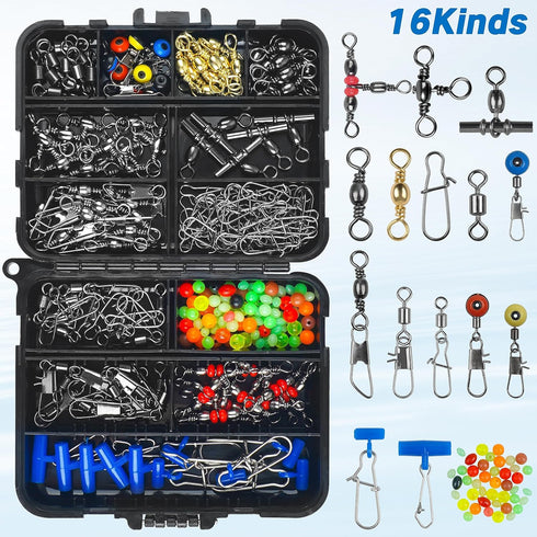 SILANON Fishing Tackle Kit with 174pcs Swivels, Sinker Slides, 3 Way Swivels, Duo Lock Snaps, Barrel Snap Swivels in