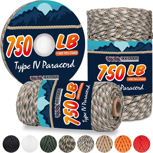 XKDOUS Paracord 750 lb 120ft Mixed Camo Parachute Cord, 100% Nylon Tactical Paracord Rope for Camping & Hiking