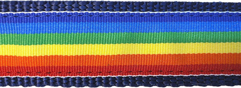 Preston Rainbow Dog Collar and Leash Set, Striped Multi Colored Ribbon on Navy Blue Nylon Webbing (Small)