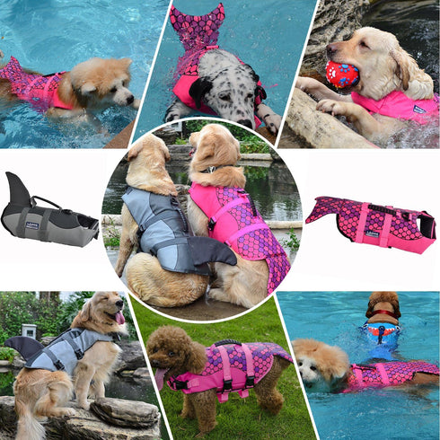 Queenmore Dog Life Jacket, Adjustable Ripstop Shark Safety Vest with High Buoyancy and Durable Rescue Handle, Pink Fish