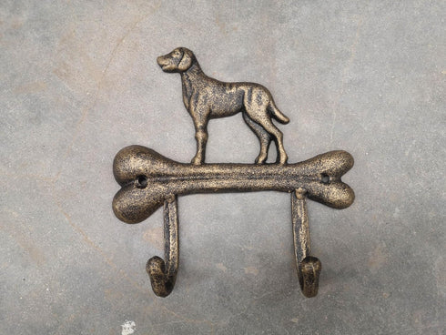 Dog Leash Holder, Cast Iron, Antique Bronze, Wall Mount, 2 Hooks, 6.9x6.9x1.8 inches, AR001