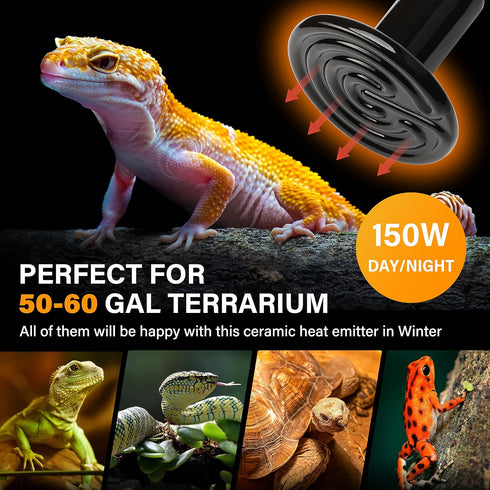 150W 2-Pack Bulbs HealSmart Reptile Heat Lamp Ceramic Heat Emitter, No Light Emitting Heat for Amphibian Pet Brooder