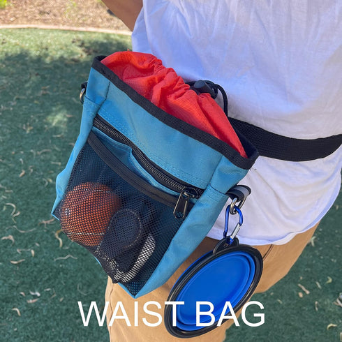 Jalousie Dog Training Pouch with Clicker and Water Bowl - 5 Ways to Wear, Built-in Poop Bag Dispenser