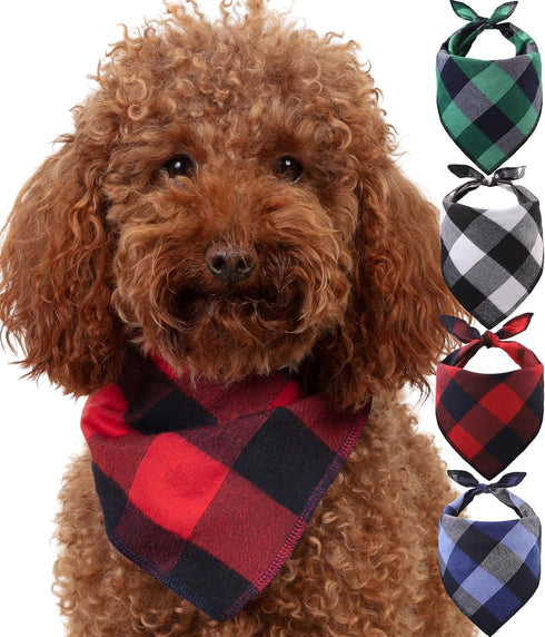 Dog Bandana 4 Pack, Premium Durable Soft Fabric, Buffalo Plaid Scarf for Small Dogs, Cats, Black, White, Red, Green,