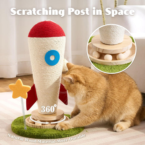 Cat Scratching Post, Rocket Cute Sisal Cat Scratcher with Durable Solid Wood Turntable Toy, Cat Scratch Post Red Cat