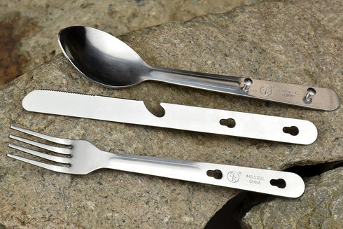 SE 4-in-1 Detachable Stainless Steel Utensil Set - Spoon, Fork, Knife, Bottle Opener - 6.5" Length, Compact for Camping, Hiking, Travel - Includes Clear Pouch - KC7043FSK by SE