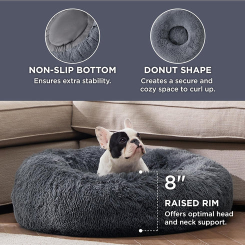 Bedsure Calming Dog Bed for Medium Dogs, 30 inches, Washable Round Fluffy Plush Faux Fur Cat Bed, Dark Grey