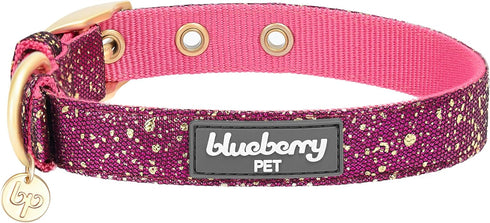 Blueberry Pet Adjustable Dog Collar in Cerise Pink, Glam Life Gold Stamping Lace, Neck 7.5-10", for Small Breed