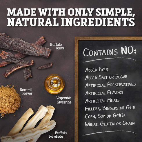 Rawhide Dog Treats | Healthy, Grass-Fed Buffalo Jerky Chews | Hickory Smoked Flavor, 10 Count