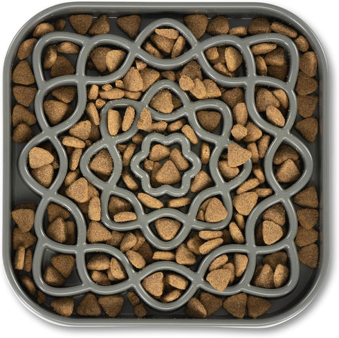 Messy Mutts Interactive Square Slow Feeder | Cool Grey (2 Cup) | 8” x 8” Puzzle Dish for Dogs/Cats, Slow Eating