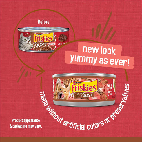 5.5 oz. Cans,(Pack 48) Friskies Purina Extra Gravy Wet Cat Food Chunky with Beef in Savory Gravy