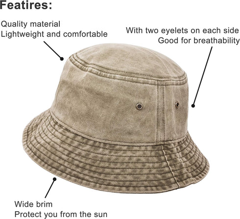Wide Brim Washed Denim Cotton Bucket Hat, Flat Top Cap for Fishing Hiking Beach Sports