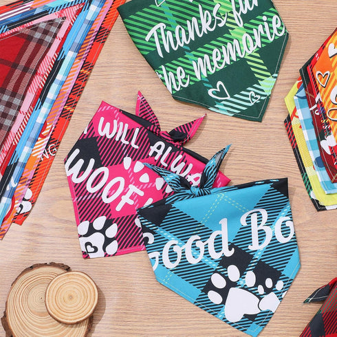 50 Pcs Plaid Dog Bandanas Bulk Cute Dog Scarf Bibs Puppy Pet Bandanas with Captions Adjustable Cat Outfit Washable