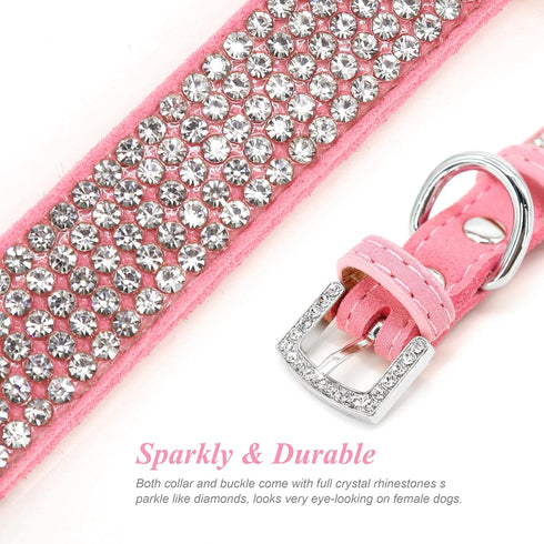 Cute Girl Rhinestone Suede Dog Collar for Small Dogs, Soft Diamond Bling Collars for Medium Dogs (Pink, S)