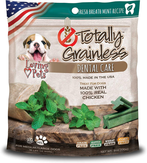 Loving Pets Totally Grainless Dental Sticks for Dogs, Fresh Breath Mint, 6oz (for Medium/Large Dogs 20+ lbs)