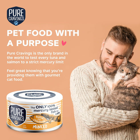 100% 3oz, Pack 12 Pure Cravings Minced Tuna and Chicken Wet Canned Cat Food, Mercury-Tested, Moist Can Fish for Cats