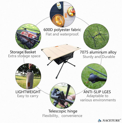 Backpacking, NACETURE Camping Table with Folding Legs and Mesh Storage Basket for Food, Coffee, or Camp Grill