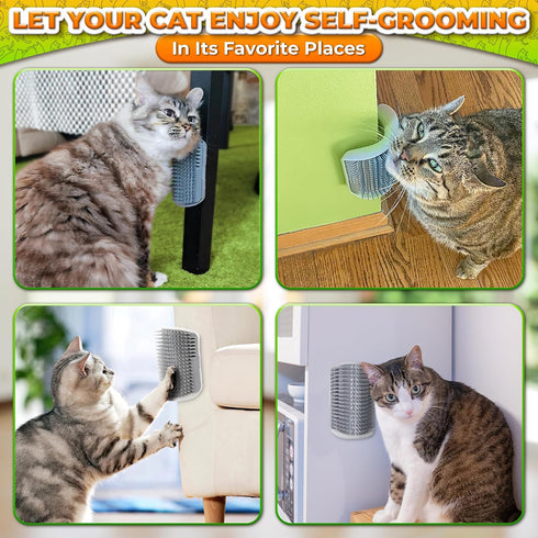 Cat Corner Scratcher - Self Groomer Wall Brush with Face Scratchers and Catnip for Indoor Cats - Easy to Install