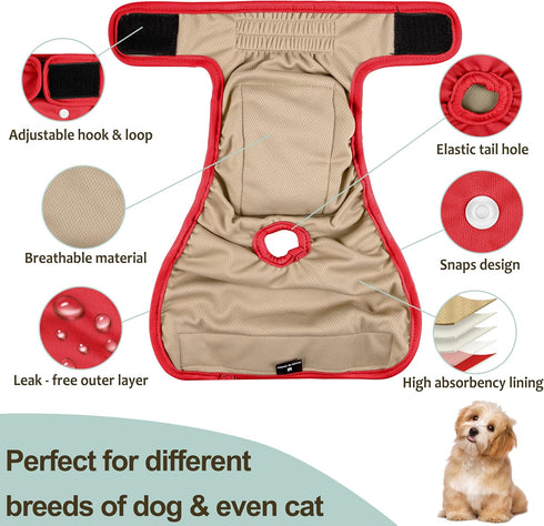 (Pack 3) Female Dog Diapers - Reusable Diapers for Doggie in Heat - Highly Absorbent for Pet Incontinence