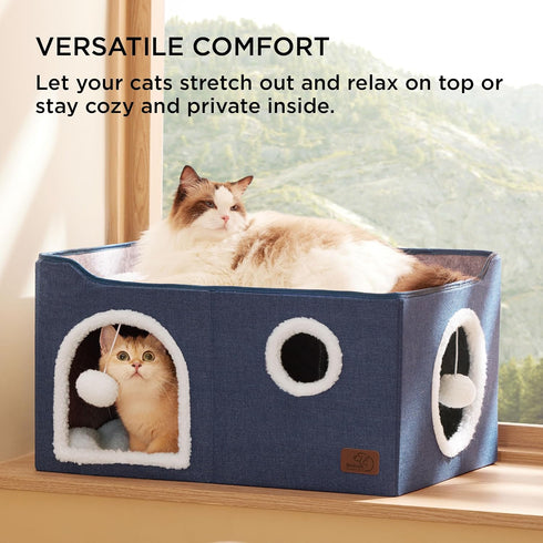 Bedsure Extra-Wide Cat House for Indoor Cats, Large Cat Cave with Fluffy Ball Hanging and Scratch Pad, Blue