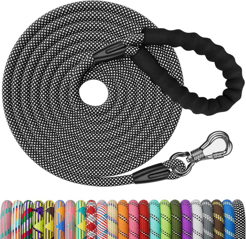 NTR 50FT Long Dog Leash - Black Rope with Swivel Lockable Hook, Comfortable Padded Handle for Training, Walking,