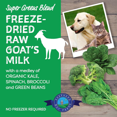 Freeze Dried Raw Goats Milk with Probiotics for Dogs & Cats (Super Greens), Organic USA Veggies & Fruits, High Protein, Digestible Goat Milk Powder, Dog & Cat Food Toppers