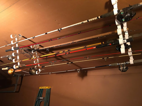 Storage Rack for Garage Doors with Hooks for Fishing Rods, Kayak Paddles, and More