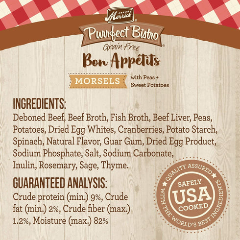 Merrick Purrfect Bistro Bon Appetits Grain Free Wet Cat Food, Beef Recipe Morsels in Gravy, 3 oz Pouches (Pack of 24)