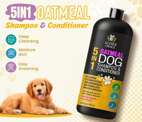 16 oz 5-in-1 ALFIE'S CHOICE Oatmeal Dog Shampoo and Conditioner for Itchy Skin Relief | fl | Puppy Shampoo