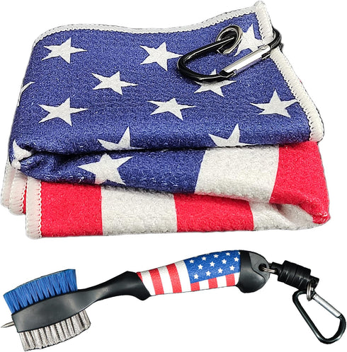 Golf Club Brush and American Flag Golf Towels - Cleaning Kit with Strong Magnet for Golf Clubs or Bag