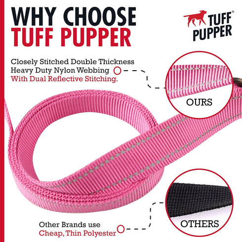 Tuff Pupper Heavy Duty Double Handle Dog Leash - 6 Foot Reflective with Twist Locking Carabiner for Strong Dogs