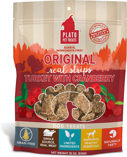 PLATO Turkey Real Strips Natural Dog Treats - Air Dried Real Meat - Turkey & Cranberry, 18 ounces - Made in USA