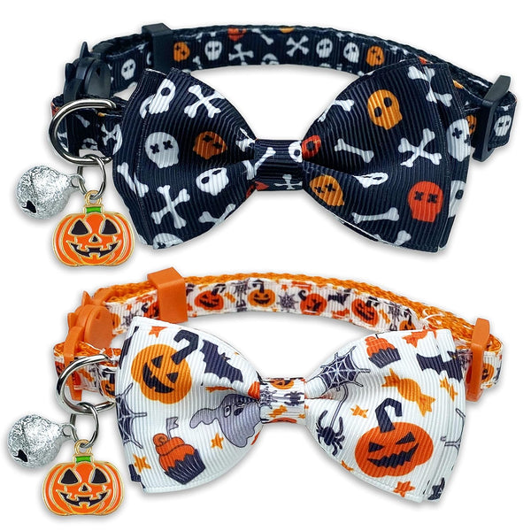 Halloween Cat Collar with Bell, 2 Pack Holiday Jack-O-Lantern and Candycorn Collar for Male Female Kittens