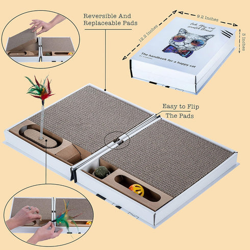 All-in-One Cat Scratcher Pad and Play Area, Foldable Book-Shaped Cardboard with 2 Reversible Scratch Pads