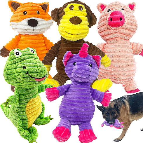 Jalousie Plush Toys Assortment Value Bundle, Puppy Pet Mutt Squeak Toy for Medium Large Dogs (5 Pack Corduroy)