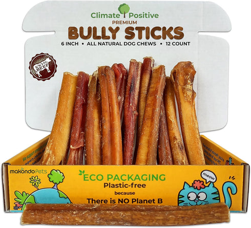 Bully Sticks 100% Natural Beef Dog Chews, 6” Premium Quality Healthy Treats for Training, 12Pcs 340g