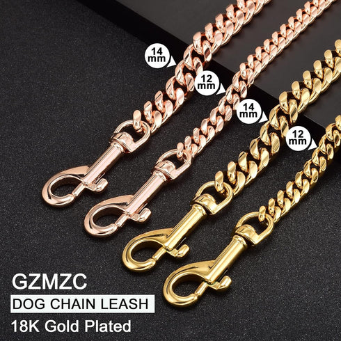 Dog Chain Leash - Rose Gold 15MM Heavy Duty with Leather Padded Handle, 5ft Length for Small Dogs